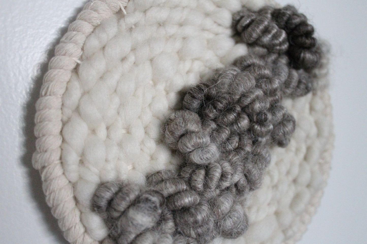 Grey round woven wall hanging | wall art | weaving | woven tapestry | wall decor | wall tapestry | home decor | tapestry