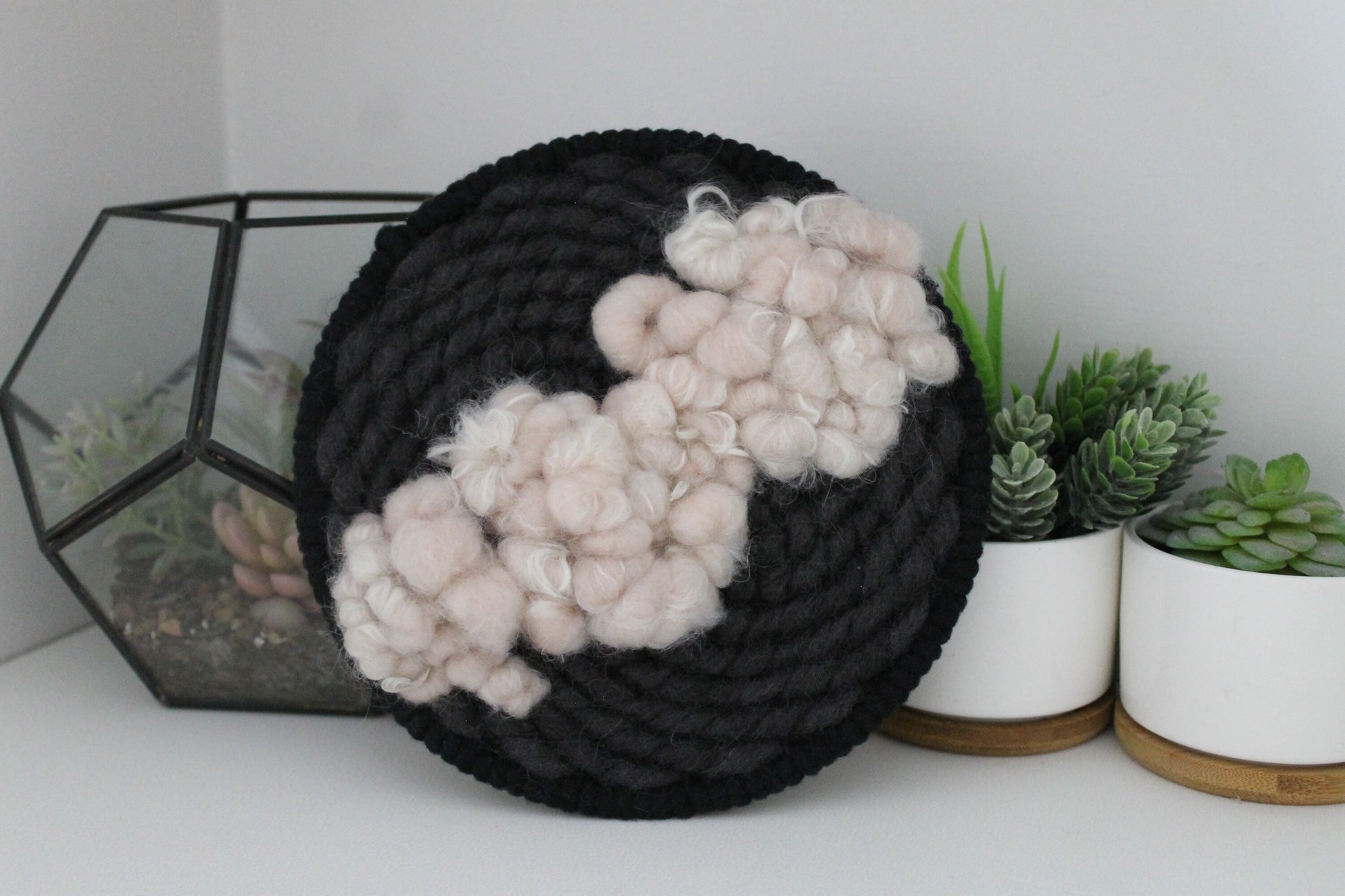 Pink and black round woven wall hanging | wall art | weaving | woven tapestry | wall decor | wall tapestry | home decor | tapestry