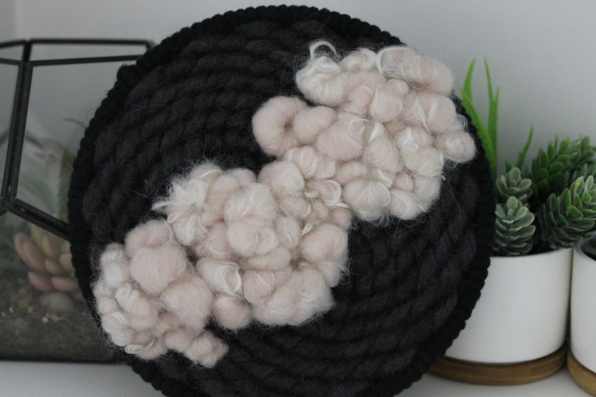 Pink and black round woven wall hanging | wall art | weaving | woven tapestry | wall decor | wall tapestry | home decor | tapestry