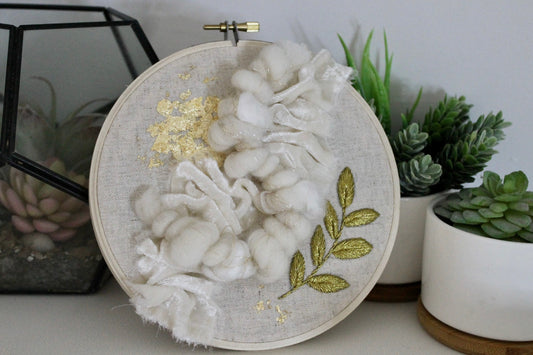 White and gold embroidery | embroidery hoop | foil embroidery | diy | gift idea | flower