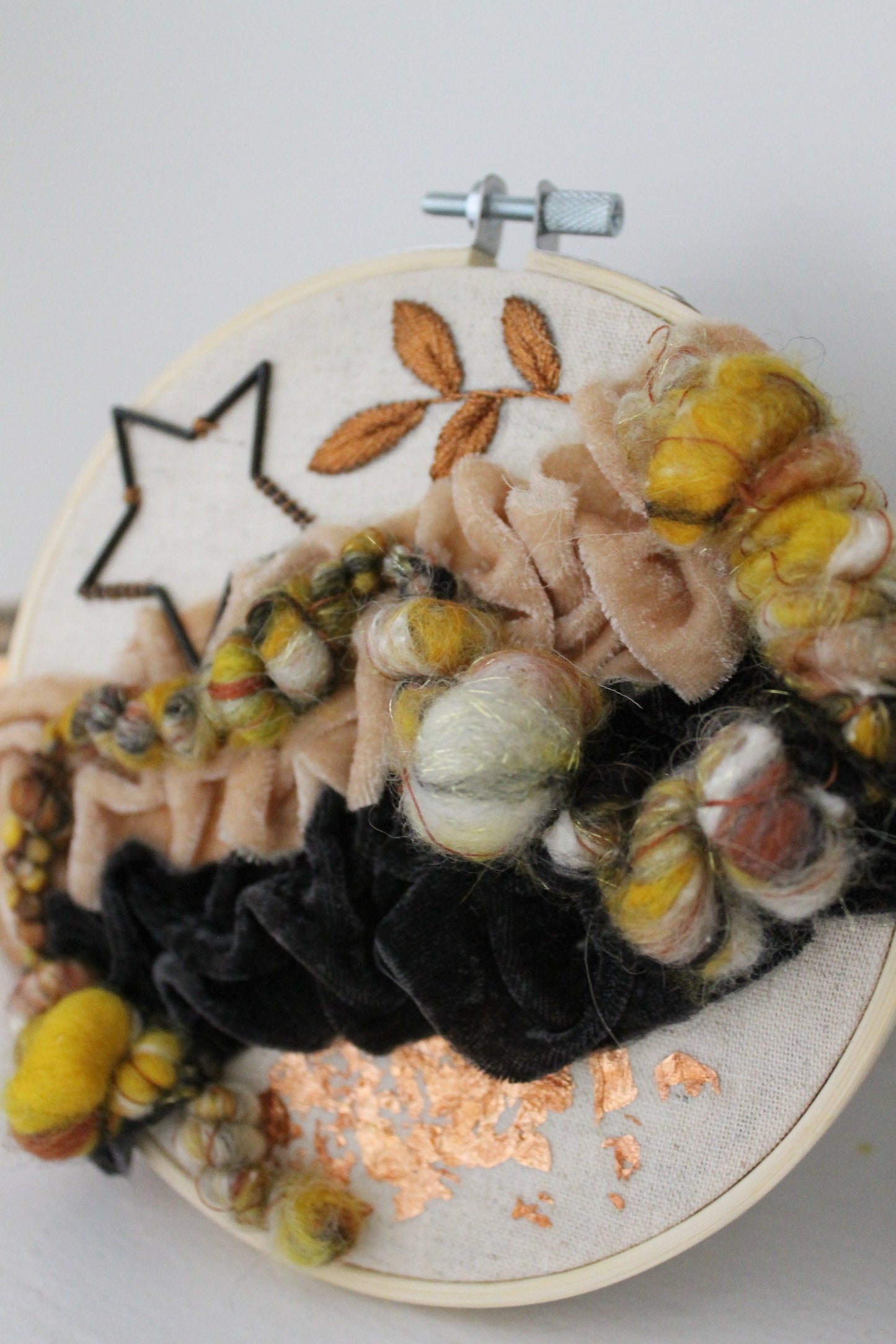 Copper abstract embroidery | yellow and black | embroidery hoop | foil embroidery | diy | gift idea