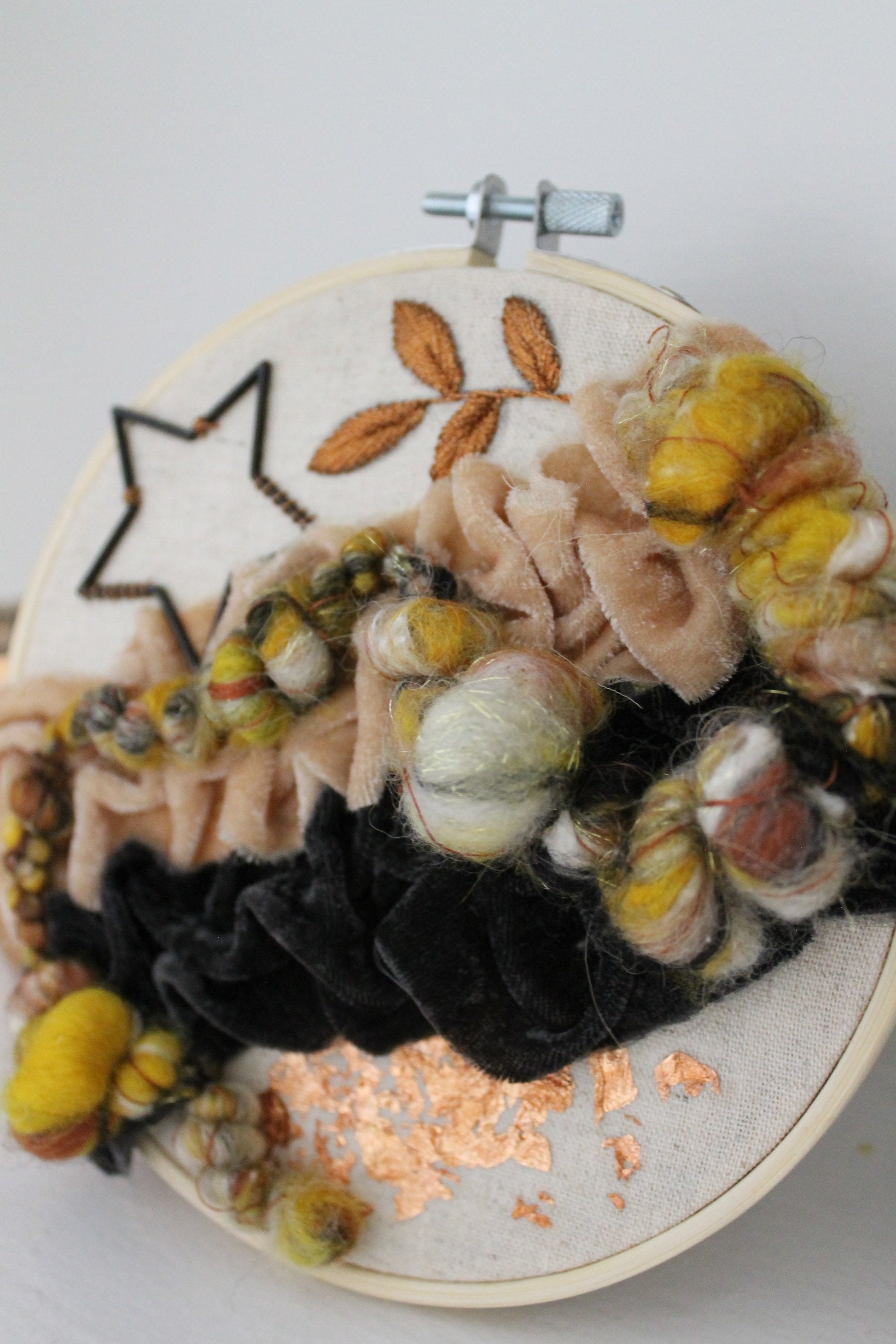 Copper abstract embroidery | yellow and black | embroidery hoop | foil embroidery | diy | gift idea