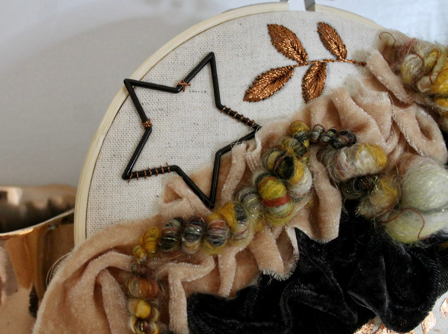 Copper abstract embroidery | yellow and black | embroidery hoop | foil embroidery | diy | gift idea