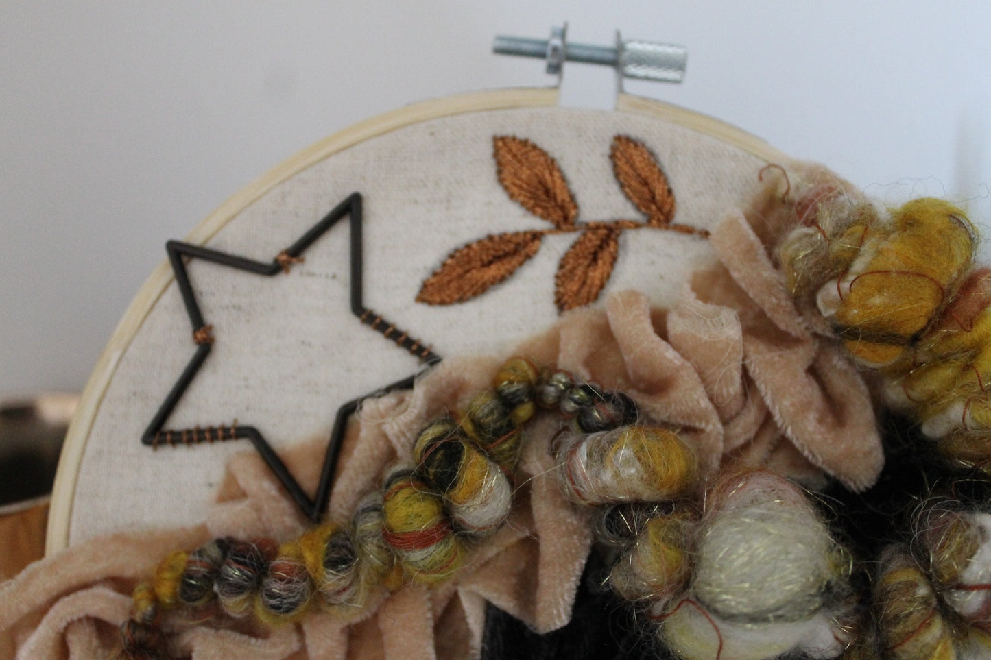 Copper abstract embroidery | yellow and black | embroidery hoop | foil embroidery | diy | gift idea