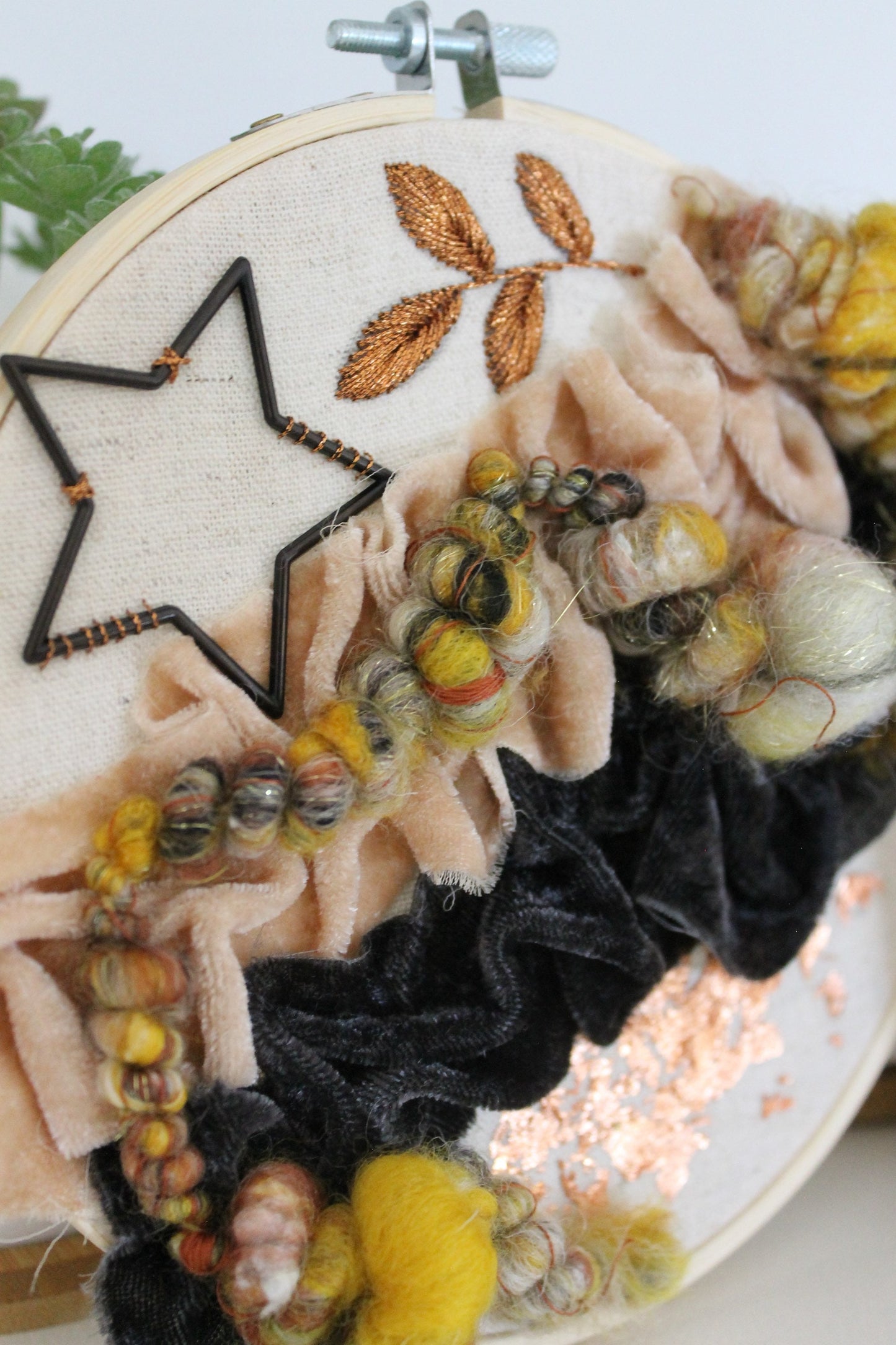 Copper abstract embroidery | yellow and black | embroidery hoop | foil embroidery | diy | gift idea