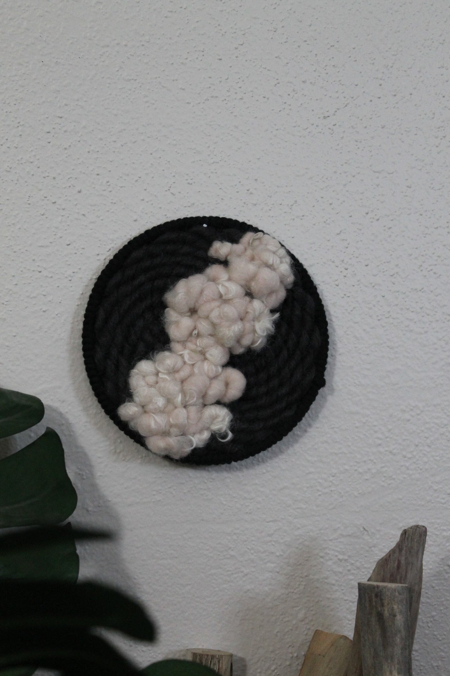 Pink and black round woven wall hanging | wall art | weaving | woven tapestry | wall decor | wall tapestry | home decor | tapestry