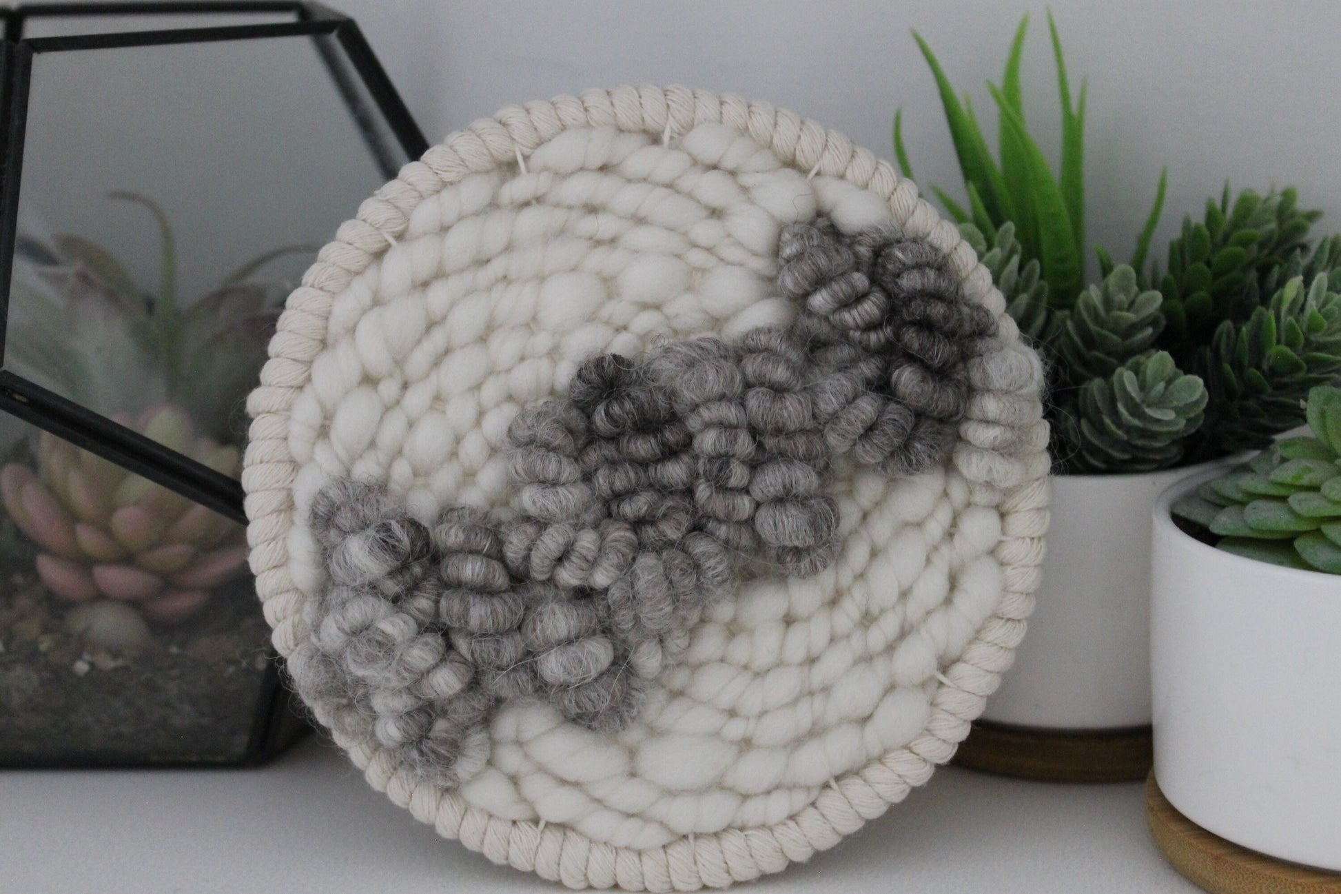 Grey round woven wall hanging | wall art | weaving | woven tapestry | wall decor | wall tapestry | home decor | tapestry