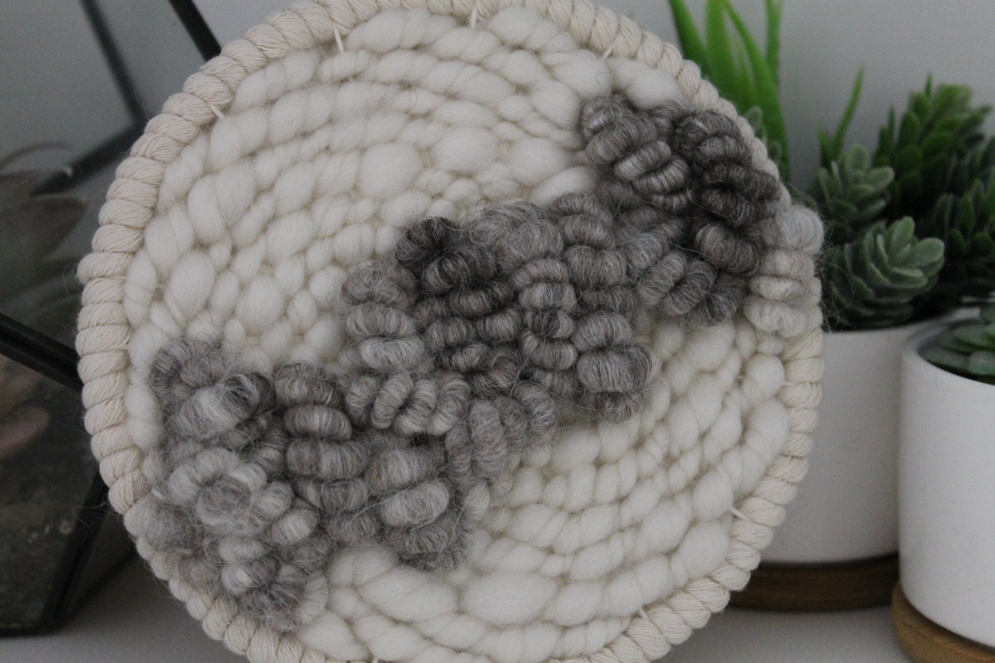 Grey round woven wall hanging | wall art | weaving | woven tapestry | wall decor | wall tapestry | home decor | tapestry