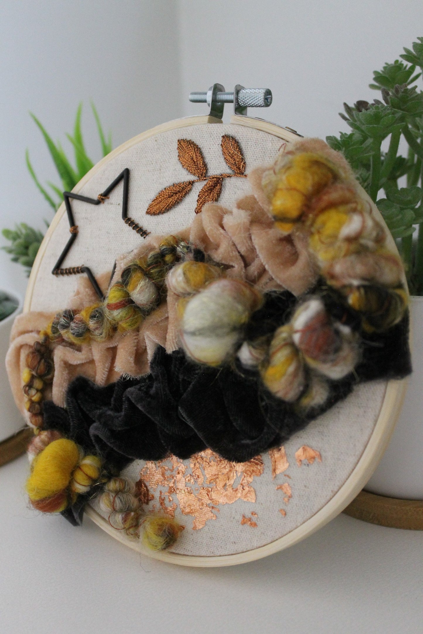 Copper abstract embroidery | yellow and black | embroidery hoop | foil embroidery | diy | gift idea