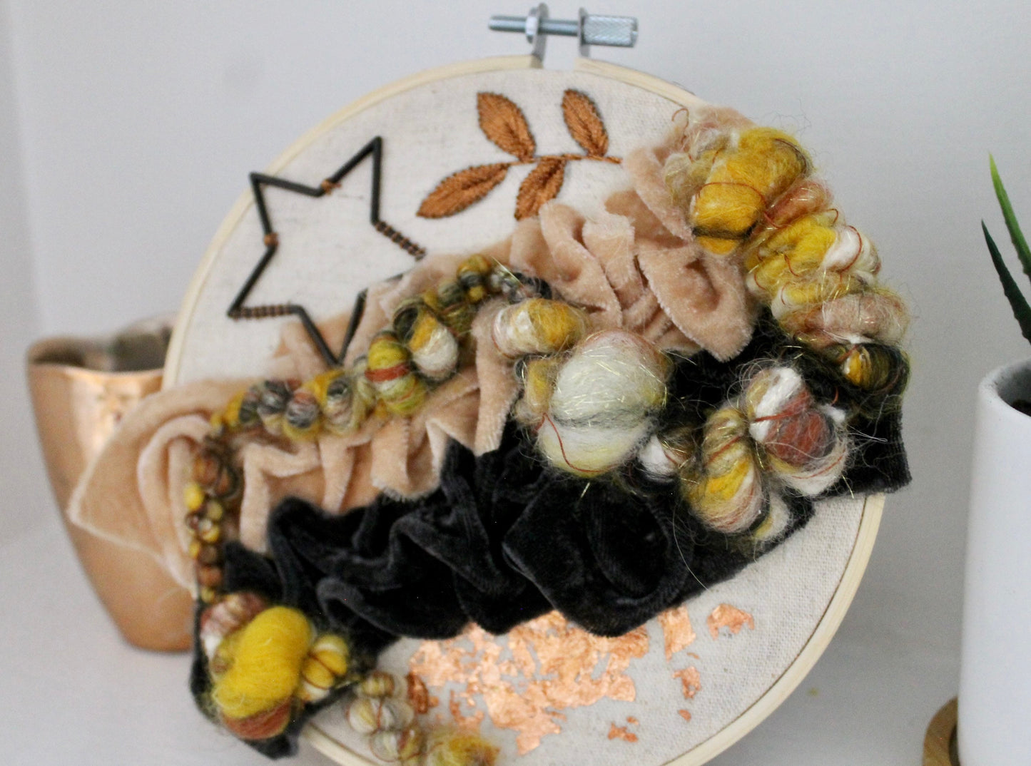 Copper abstract embroidery | yellow and black | embroidery hoop | foil embroidery | diy | gift idea