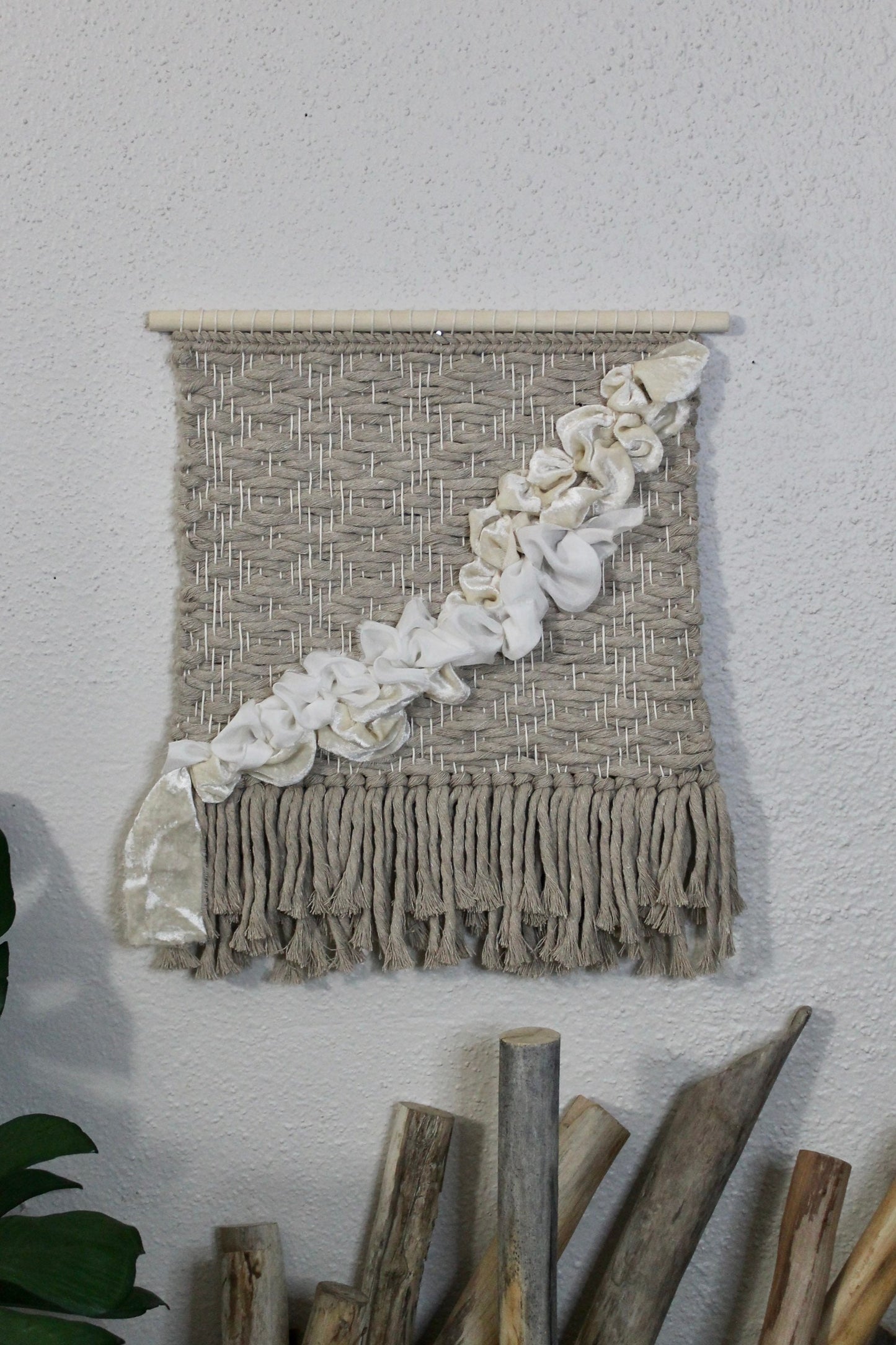 Tan and white silk woven wall hanging | wall art | weaving | woven tapestry | wall decor | wall tapestry | home decor | tapestry