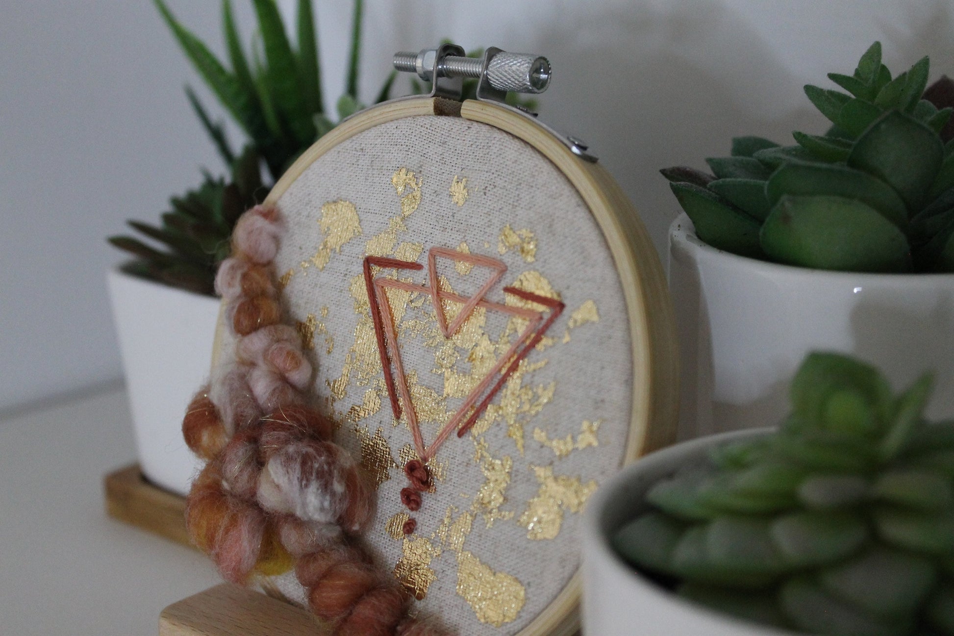 Mini rust and gold abstract geometric embroidery | embroidery hoop | foil embroidery | diy | gift idea