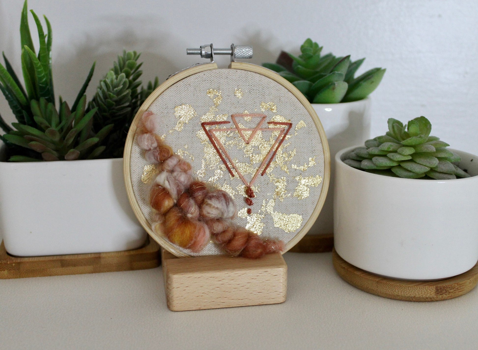 Mini rust and gold abstract geometric embroidery | embroidery hoop | foil embroidery | diy | gift idea