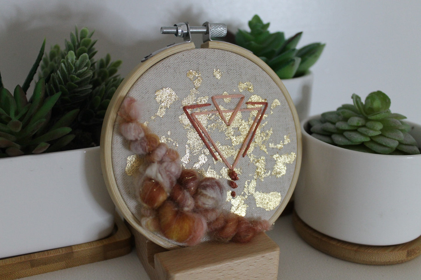 Mini rust and gold abstract geometric embroidery | embroidery hoop | foil embroidery | diy | gift idea