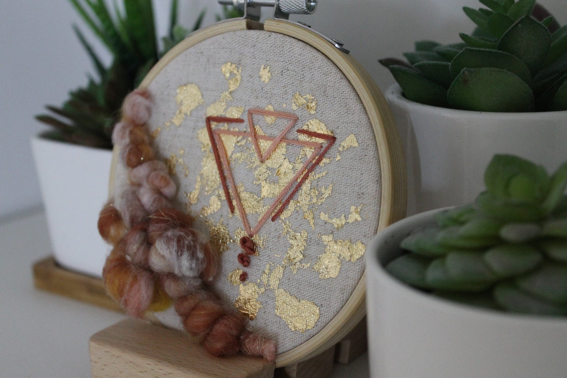 Mini rust and gold abstract geometric embroidery | embroidery hoop | foil embroidery | diy | gift idea