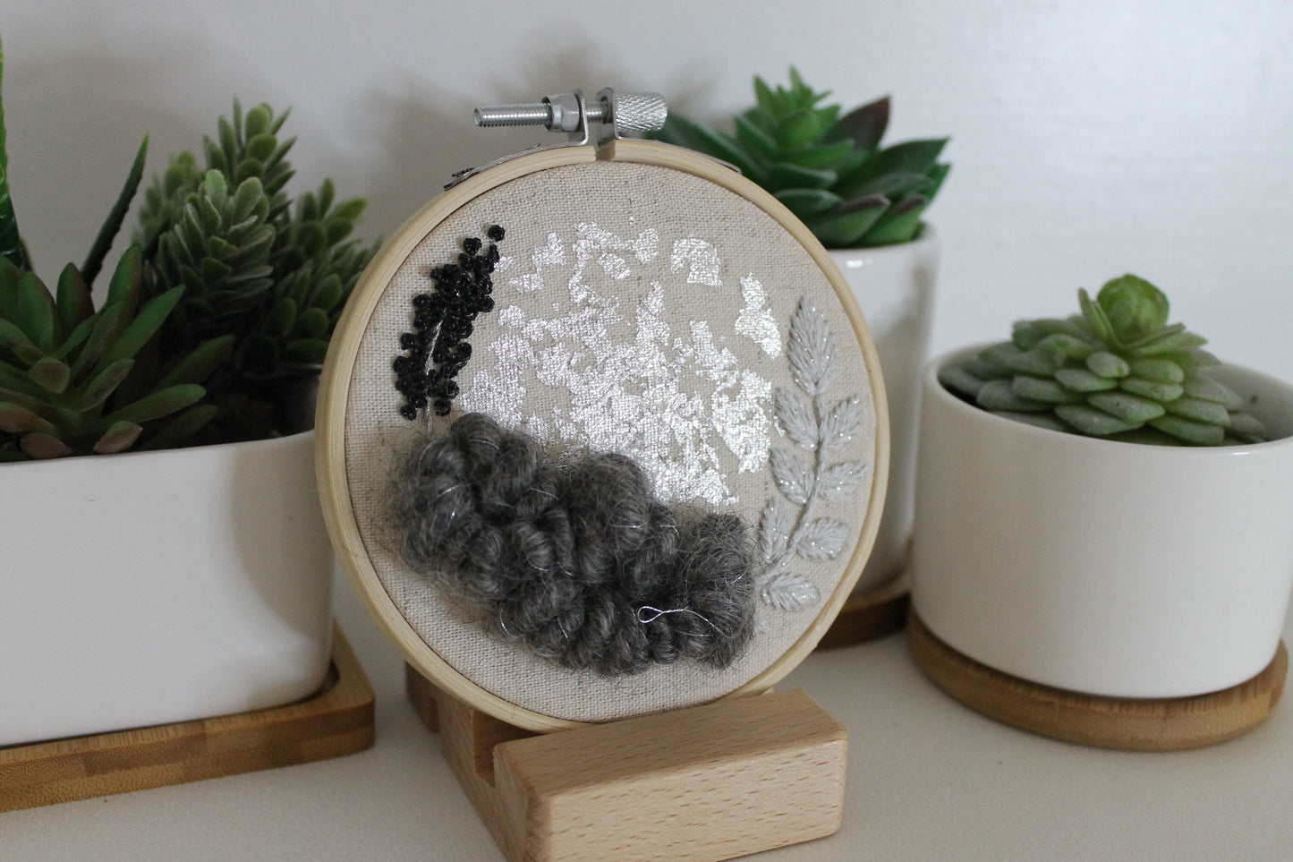Mini grey and silver abstract embroidery | flower | botanical | embroidery hoop | foil embroidery | diy | gift idea