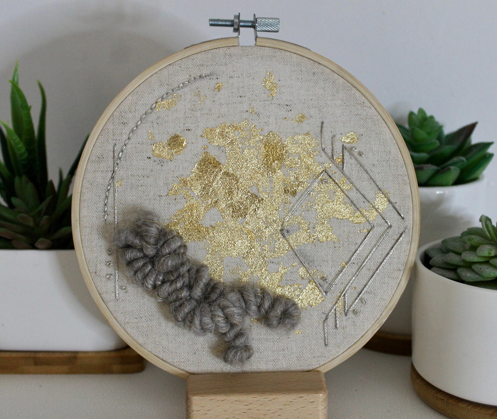 Grey and gold geometric abstract embroidery | gold foil | embroidery hoop | foil embroidery | diy | gift idea