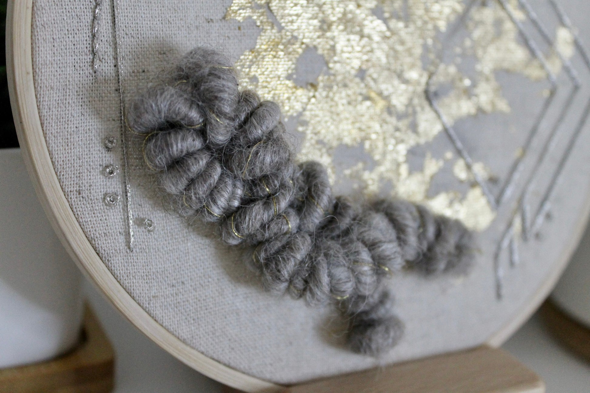 Grey and gold geometric abstract embroidery | gold foil | embroidery hoop | foil embroidery | diy | gift idea