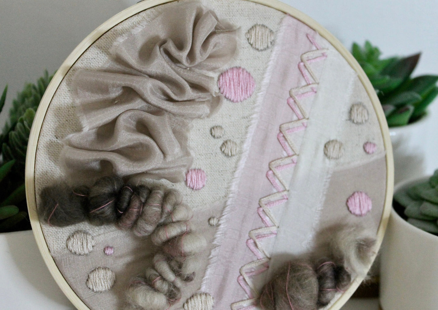 Pink and brown abstract embroidery | neutral | embroidery hoop | foil embroidery | diy | gift idea