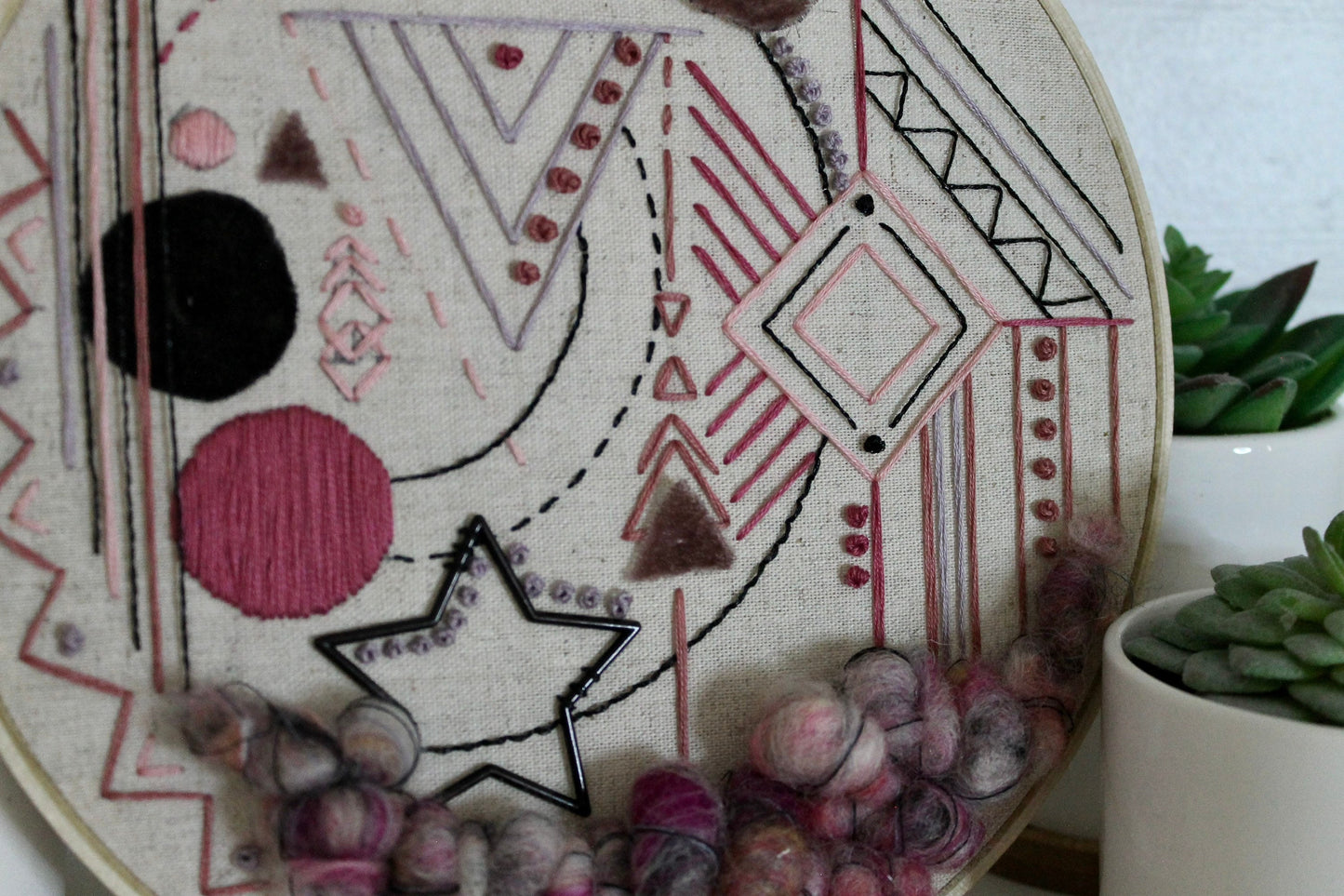 Large purple and black abstract embroidery | geometric | embroidery hoop | foil embroidery | diy | gift idea