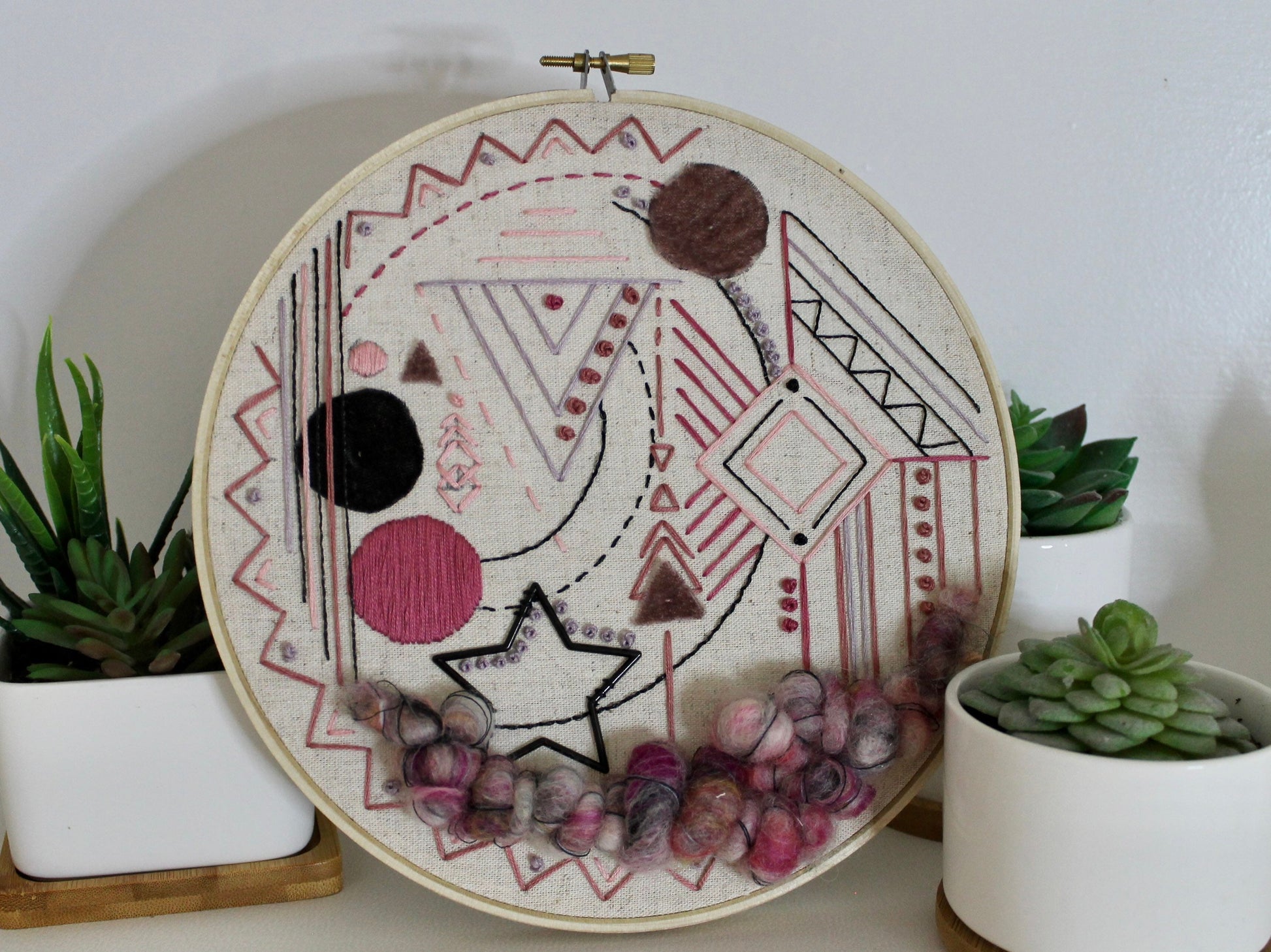 Large purple and black abstract embroidery | geometric | embroidery hoop | foil embroidery | diy | gift idea