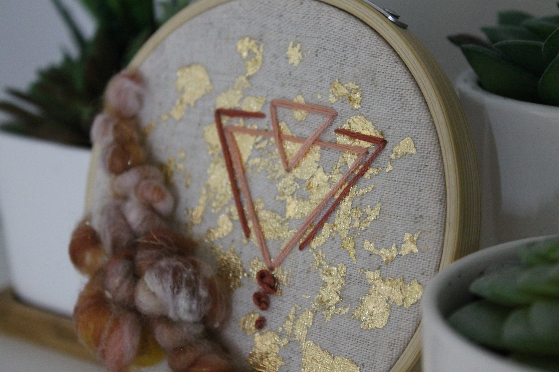 Mini rust and gold abstract geometric embroidery | embroidery hoop | foil embroidery | diy | gift idea