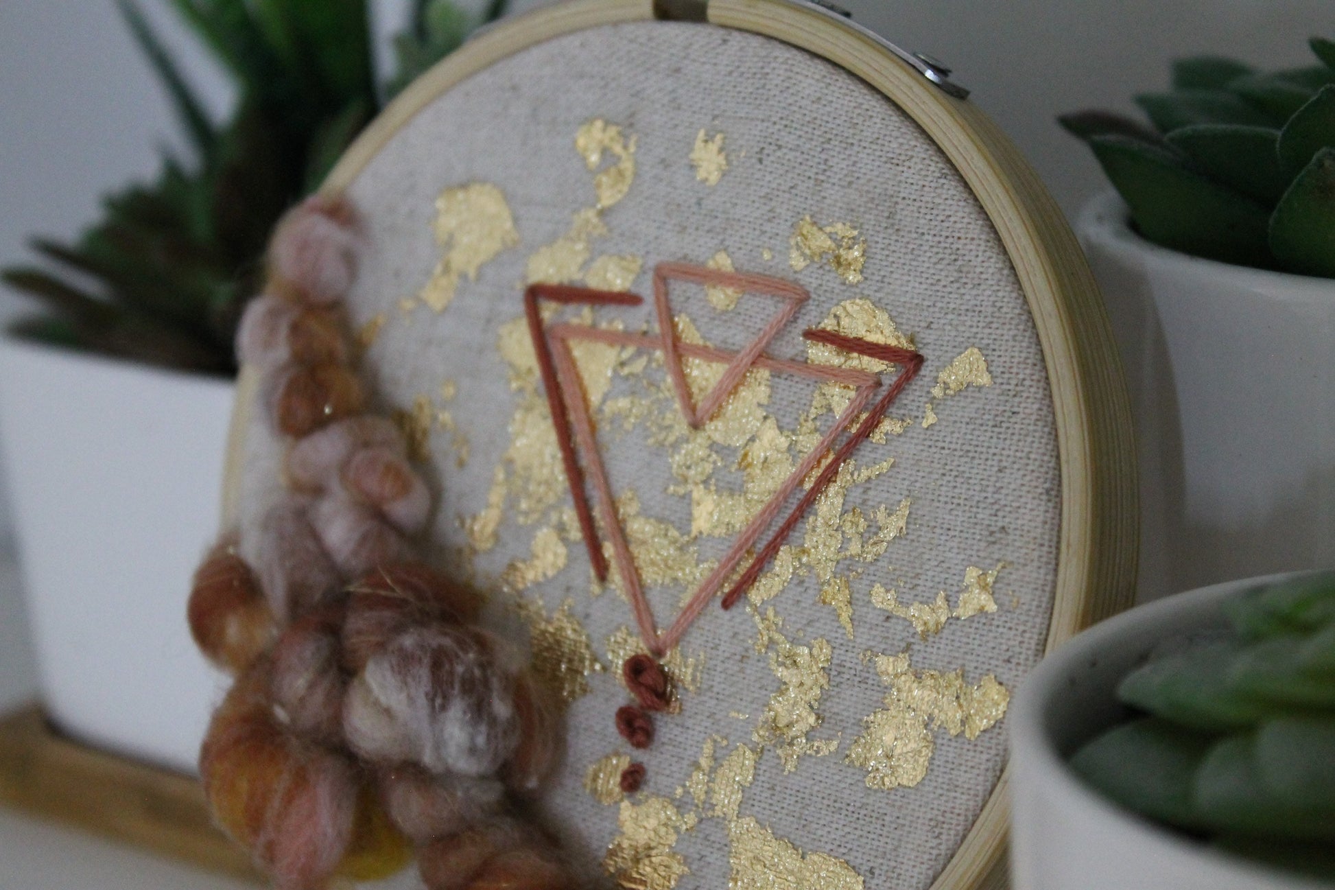 Mini rust and gold abstract geometric embroidery | embroidery hoop | foil embroidery | diy | gift idea