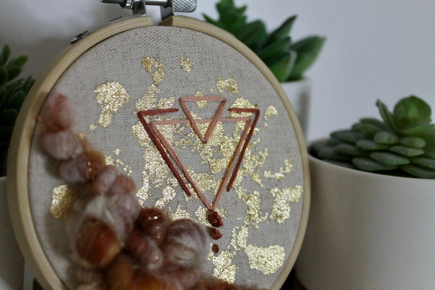 Mini rust and gold abstract geometric embroidery | embroidery hoop | foil embroidery | diy | gift idea