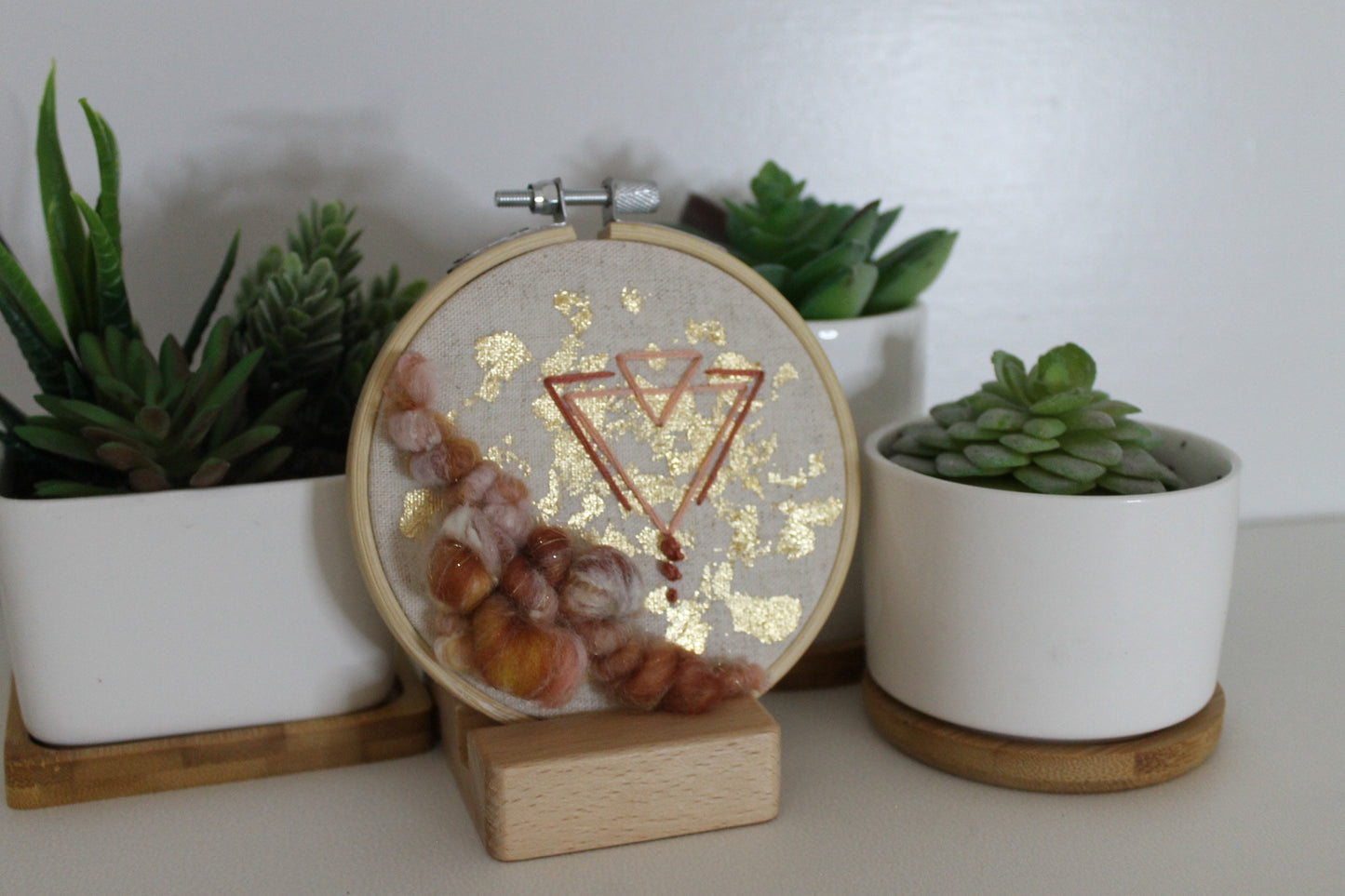 Mini rust and gold abstract geometric embroidery | embroidery hoop | foil embroidery | diy | gift idea