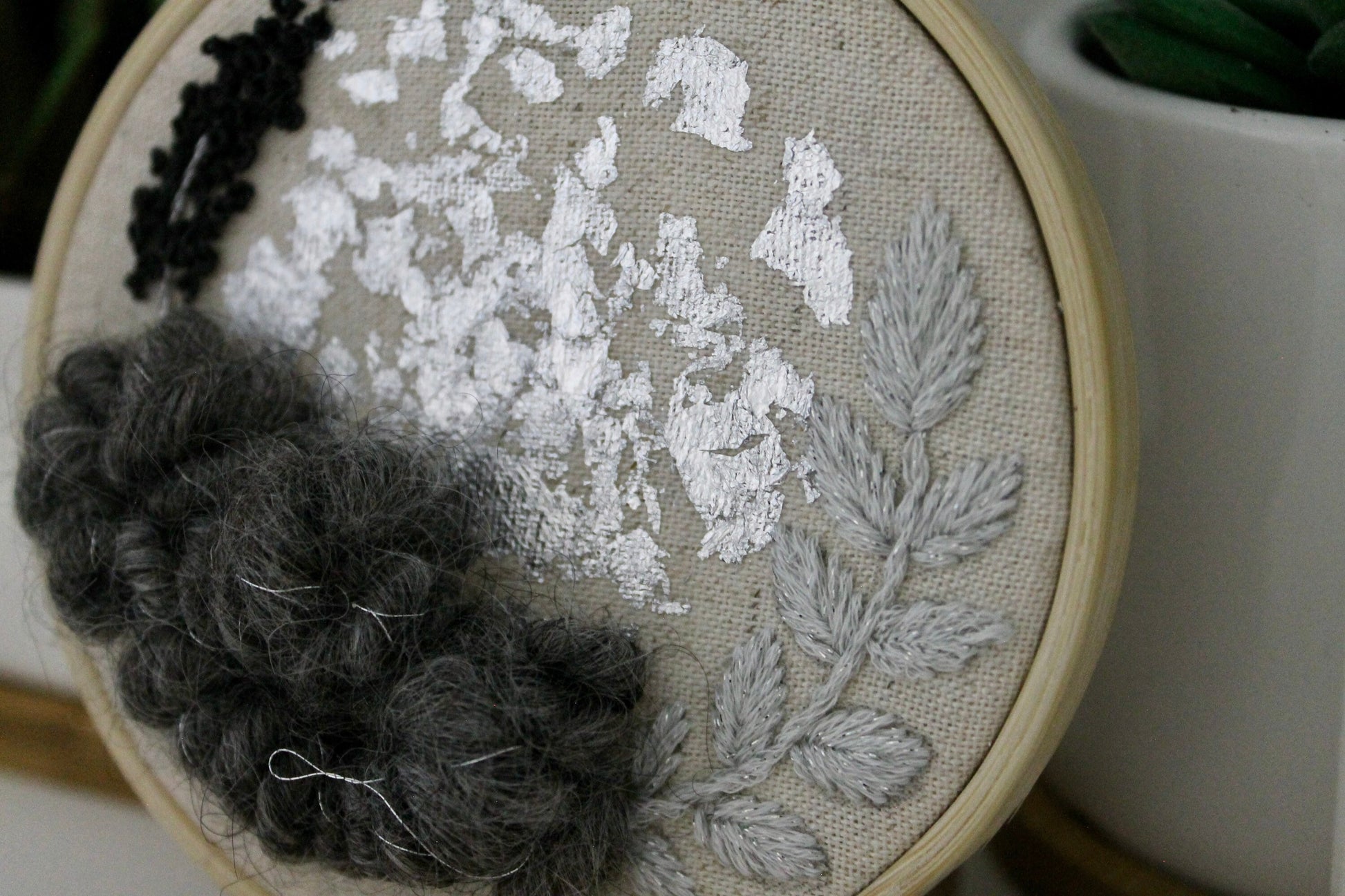 Mini grey and silver abstract embroidery | flower | botanical | embroidery hoop | foil embroidery | diy | gift idea
