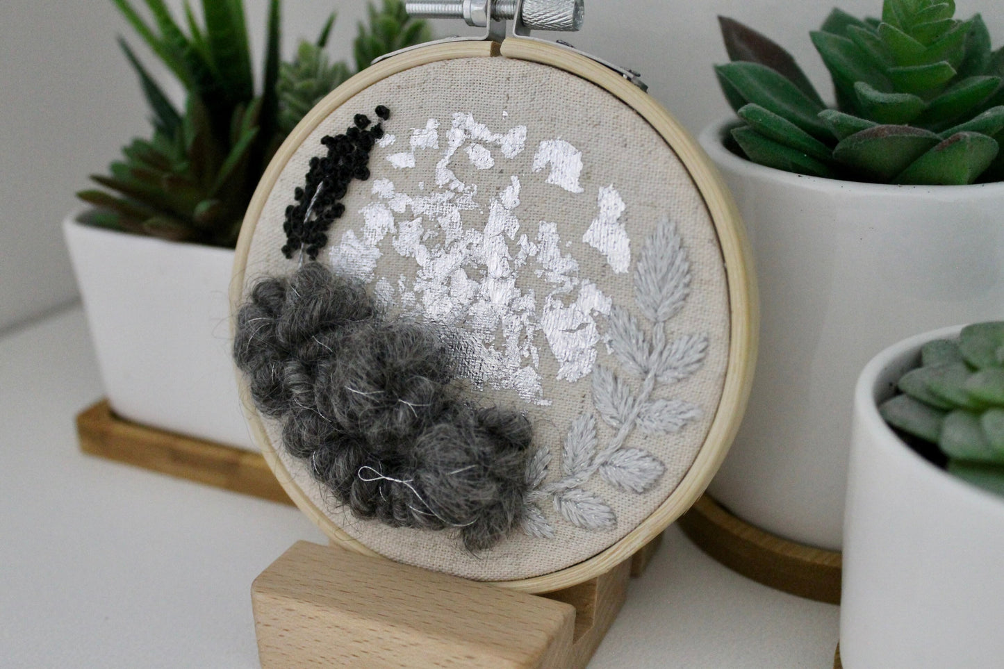 Mini grey and silver abstract embroidery | flower | botanical | embroidery hoop | foil embroidery | diy | gift idea