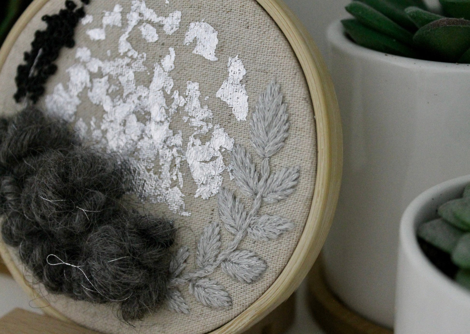 Mini grey and silver abstract embroidery | flower | botanical | embroidery hoop | foil embroidery | diy | gift idea