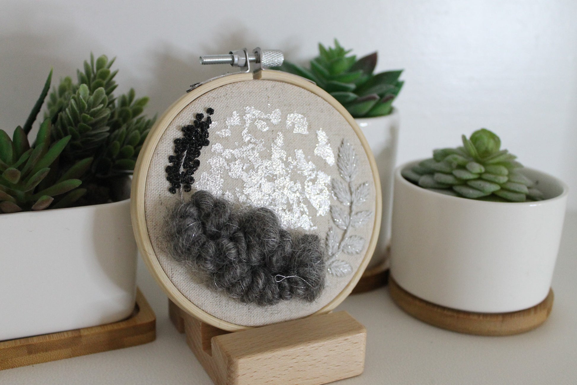 Mini grey and silver abstract embroidery | flower | botanical | embroidery hoop | foil embroidery | diy | gift idea