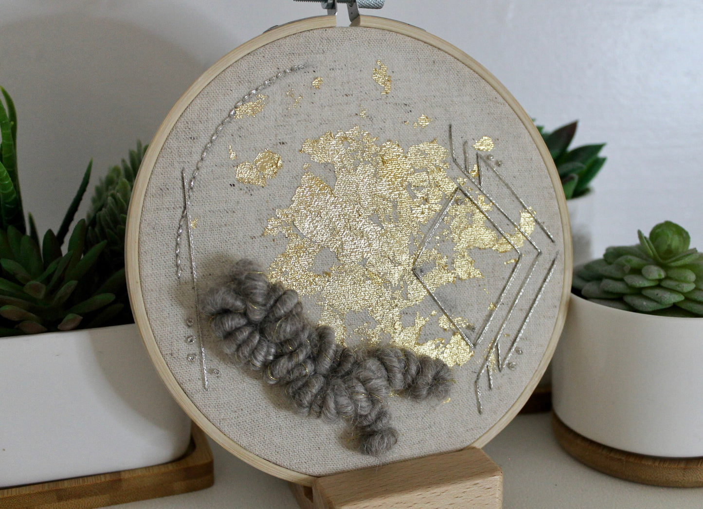 Grey and gold geometric abstract embroidery | gold foil | embroidery hoop | foil embroidery | diy | gift idea