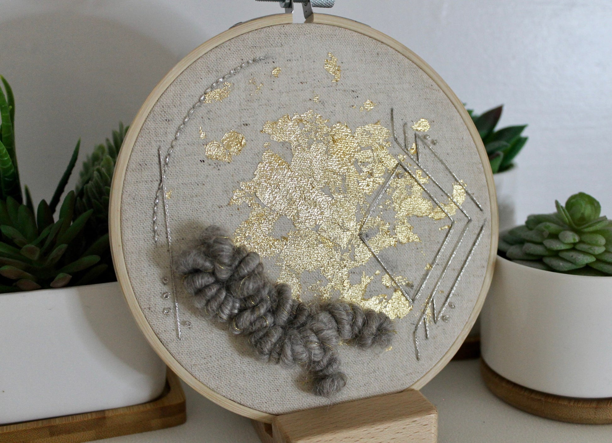 Grey and gold geometric abstract embroidery | gold foil | embroidery hoop | foil embroidery | diy | gift idea