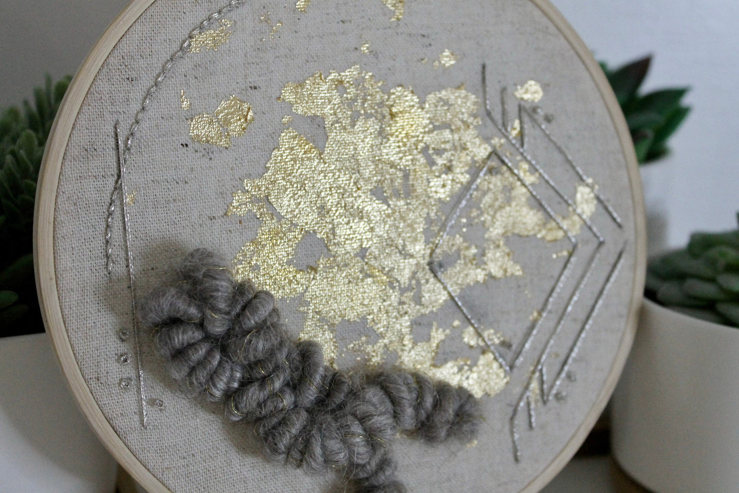 Grey and gold geometric abstract embroidery | gold foil | embroidery hoop | foil embroidery | diy | gift idea