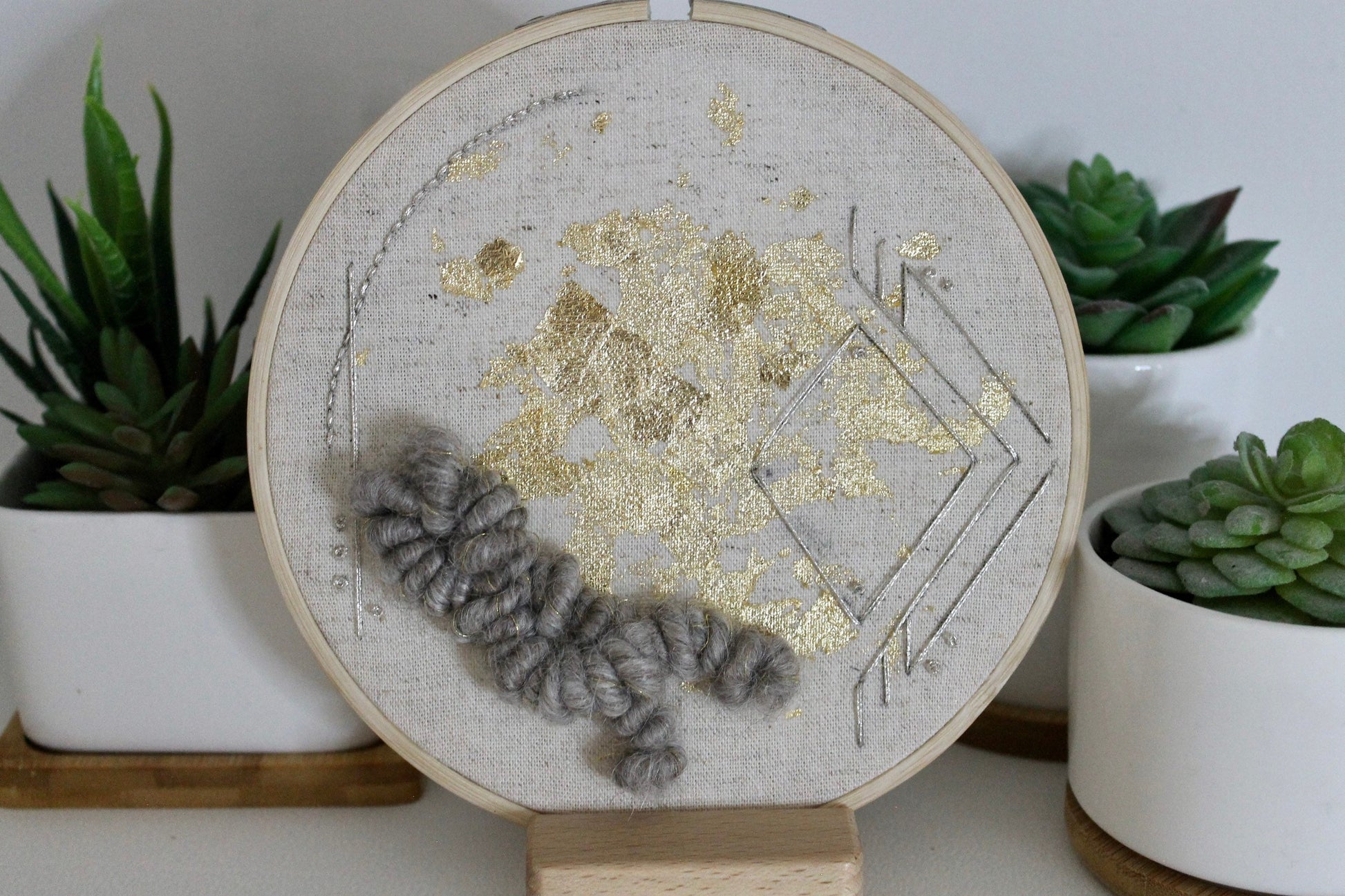 Grey and gold geometric abstract embroidery | gold foil | embroidery hoop | foil embroidery | diy | gift idea