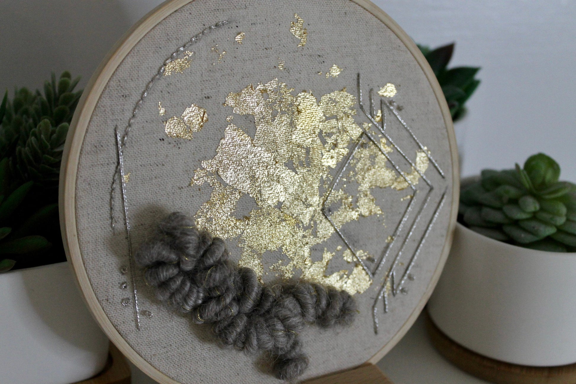 Grey and gold geometric abstract embroidery | gold foil | embroidery hoop | foil embroidery | diy | gift idea