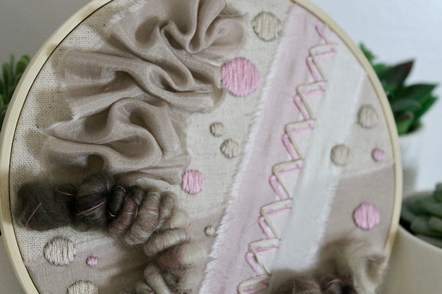 Pink and brown abstract embroidery | neutral | embroidery hoop | foil embroidery | diy | gift idea