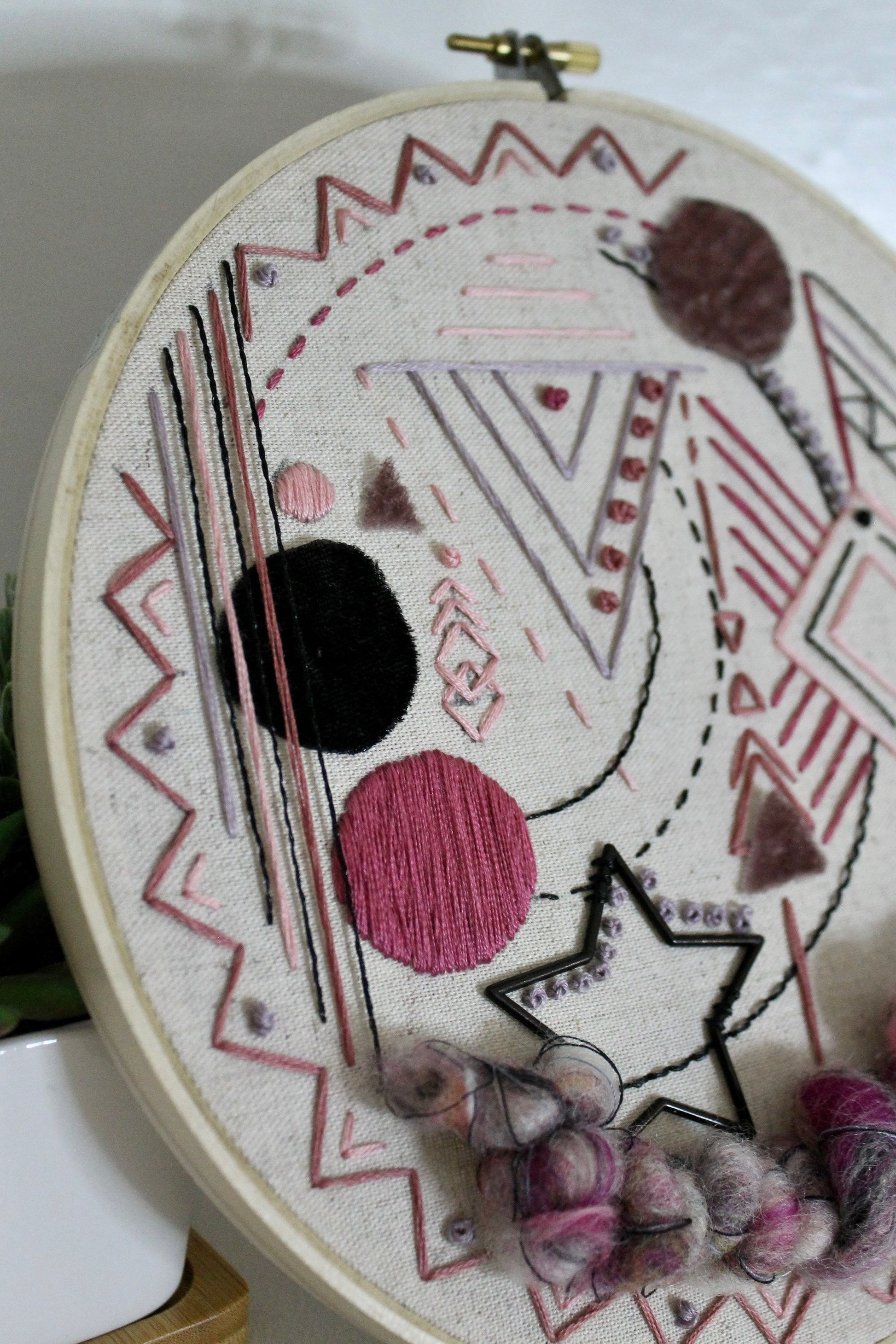 Large purple and black abstract embroidery | geometric | embroidery hoop | foil embroidery | diy | gift idea