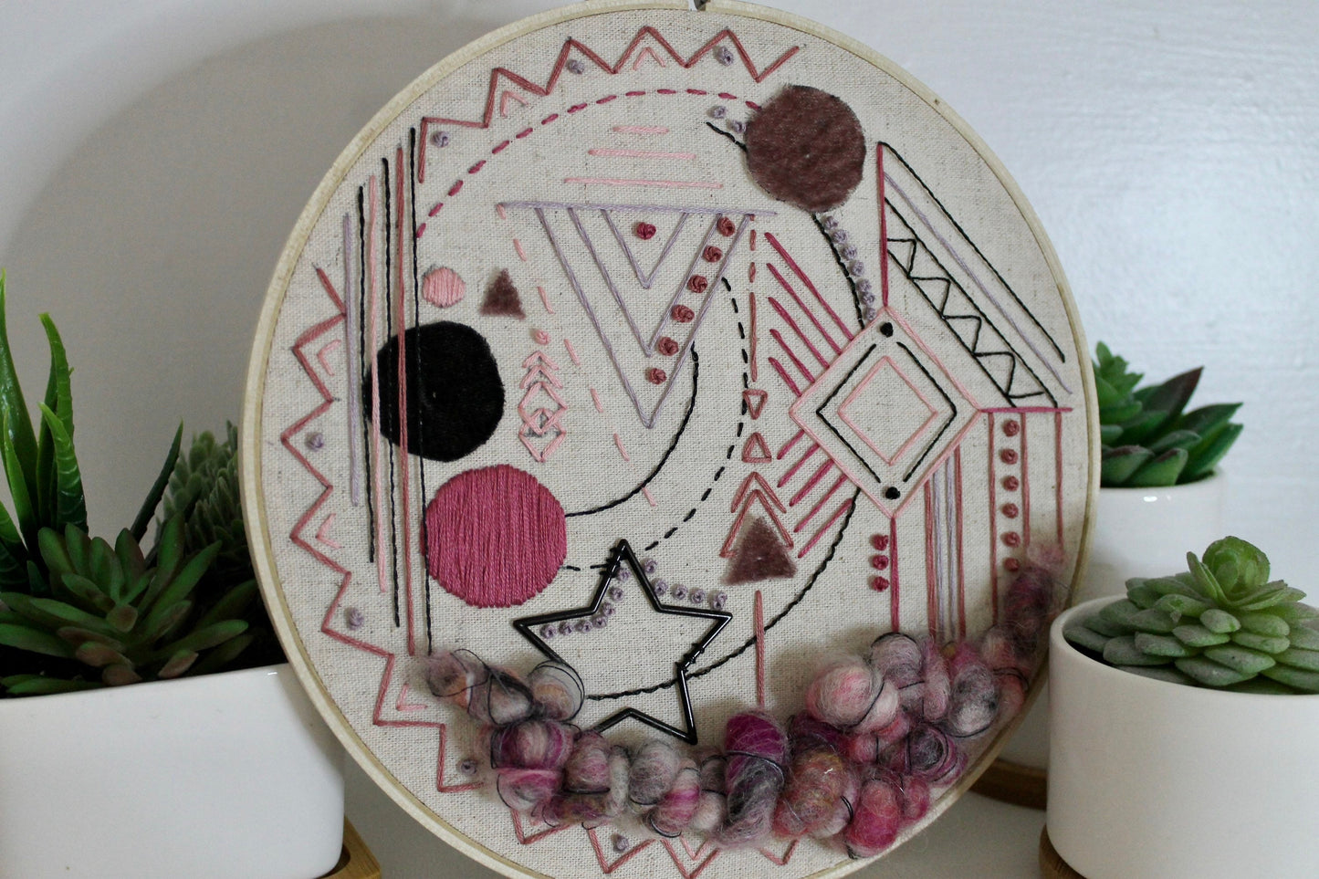 Large purple and black abstract embroidery | geometric | embroidery hoop | foil embroidery | diy | gift idea