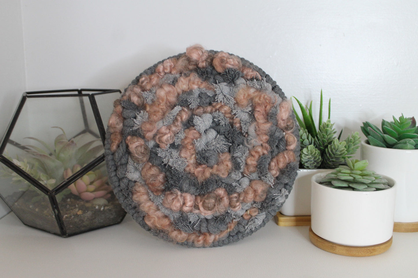 Circle gray and pink woven wall hanging | wall art | abstract weaving | woven tapestry | wall decor | wall tapestry | home decor | tapestry