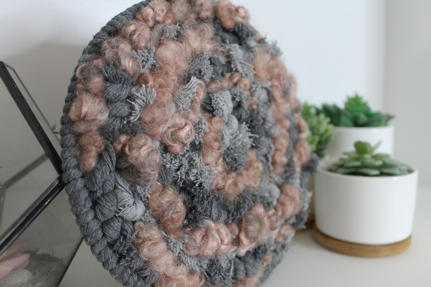 Circle gray and pink woven wall hanging | wall art | abstract weaving | woven tapestry | wall decor | wall tapestry | home decor | tapestry