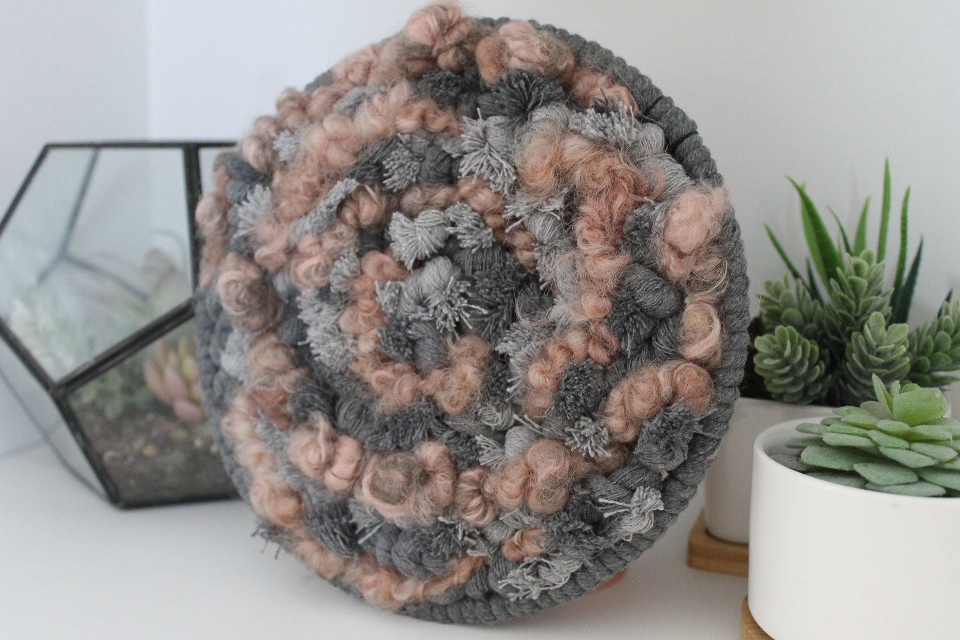 Circle gray and pink woven wall hanging | wall art | abstract weaving | woven tapestry | wall decor | wall tapestry | home decor | tapestry