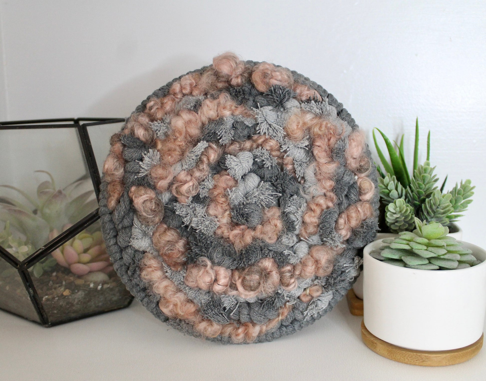 Circle gray and pink woven wall hanging | wall art | abstract weaving | woven tapestry | wall decor | wall tapestry | home decor | tapestry