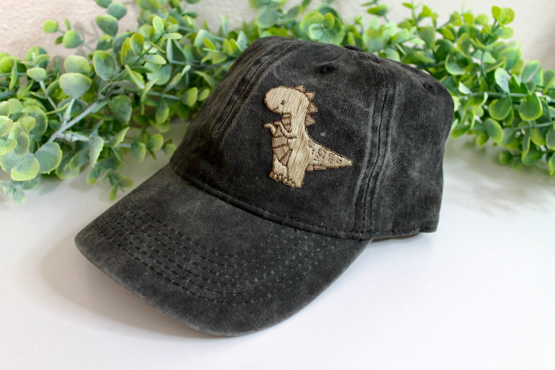 Dino hat embroidery | black and brown | dinosaur | baseball cap | hand embroidery | gift idea