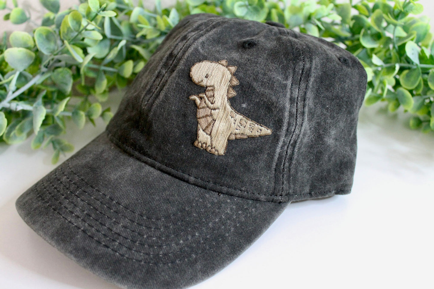 Dino hat embroidery | black and brown | dinosaur | baseball cap | hand embroidery | gift idea