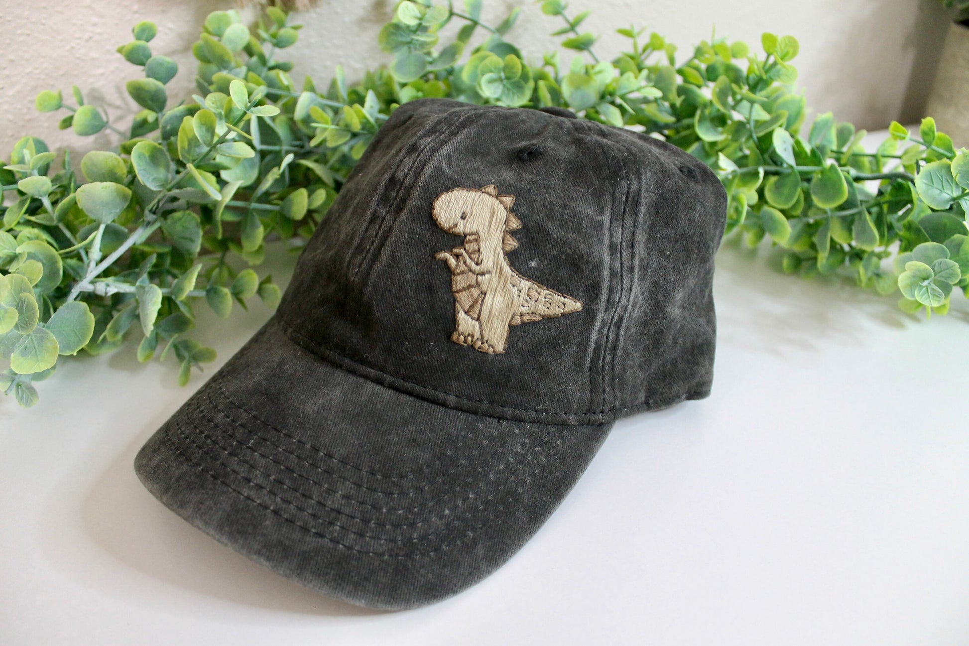 Dino hat embroidery | black and brown | dinosaur | baseball cap | hand embroidery | gift idea