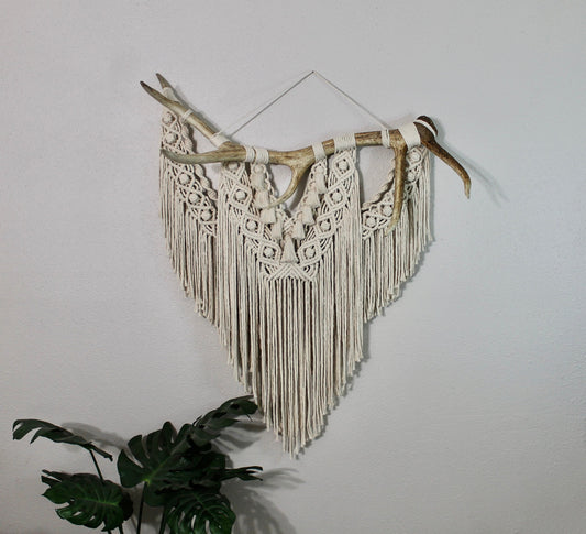 Large elk antler macrame wall hanging | wall art | boho | genuine elk antler | wall decor | wall tapestry | home decor | rustic decor