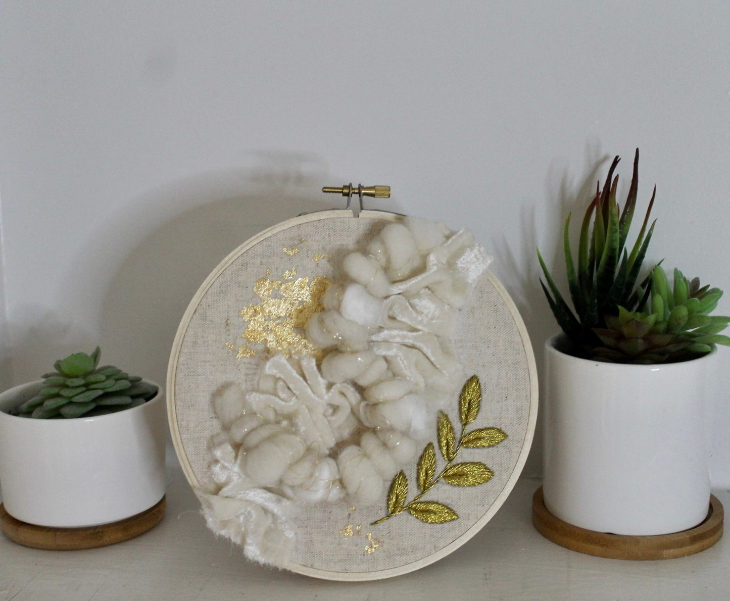 White and gold embroidery | embroidery hoop | foil embroidery | diy | gift idea | flower
